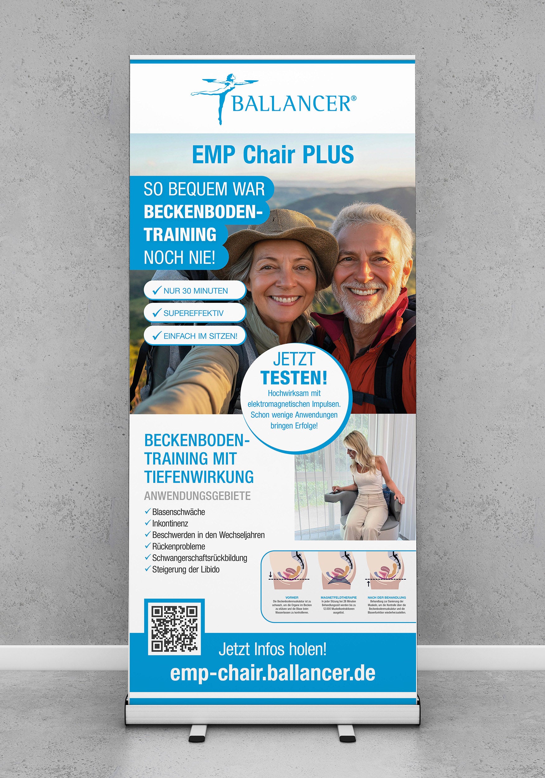 Roll-Up Kampagne EMP Chair PLUS "So bequem war Beckenbodentraining noch nie"