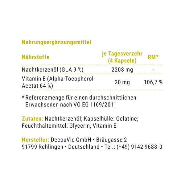 Omega 6, zur Ergänzung von Omega 6 auf Basis von Nachtkerzenöl mit Vitamin E, 100 Gel-Kapseln