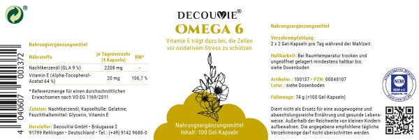 Omega 6, zur Ergänzung von Omega 6 auf Basis von Nachtkerzenöl mit Vitamin E, 100 Gel-Kapseln
